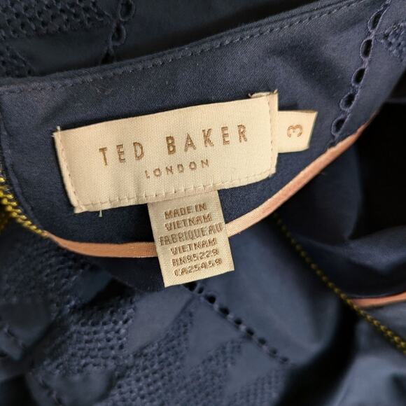 Ted Baker Mahlene Eyelet Embroidered Ruffle Cotton Dress Womens 8 TB 3 Navy Blue - Picture 7 of 12